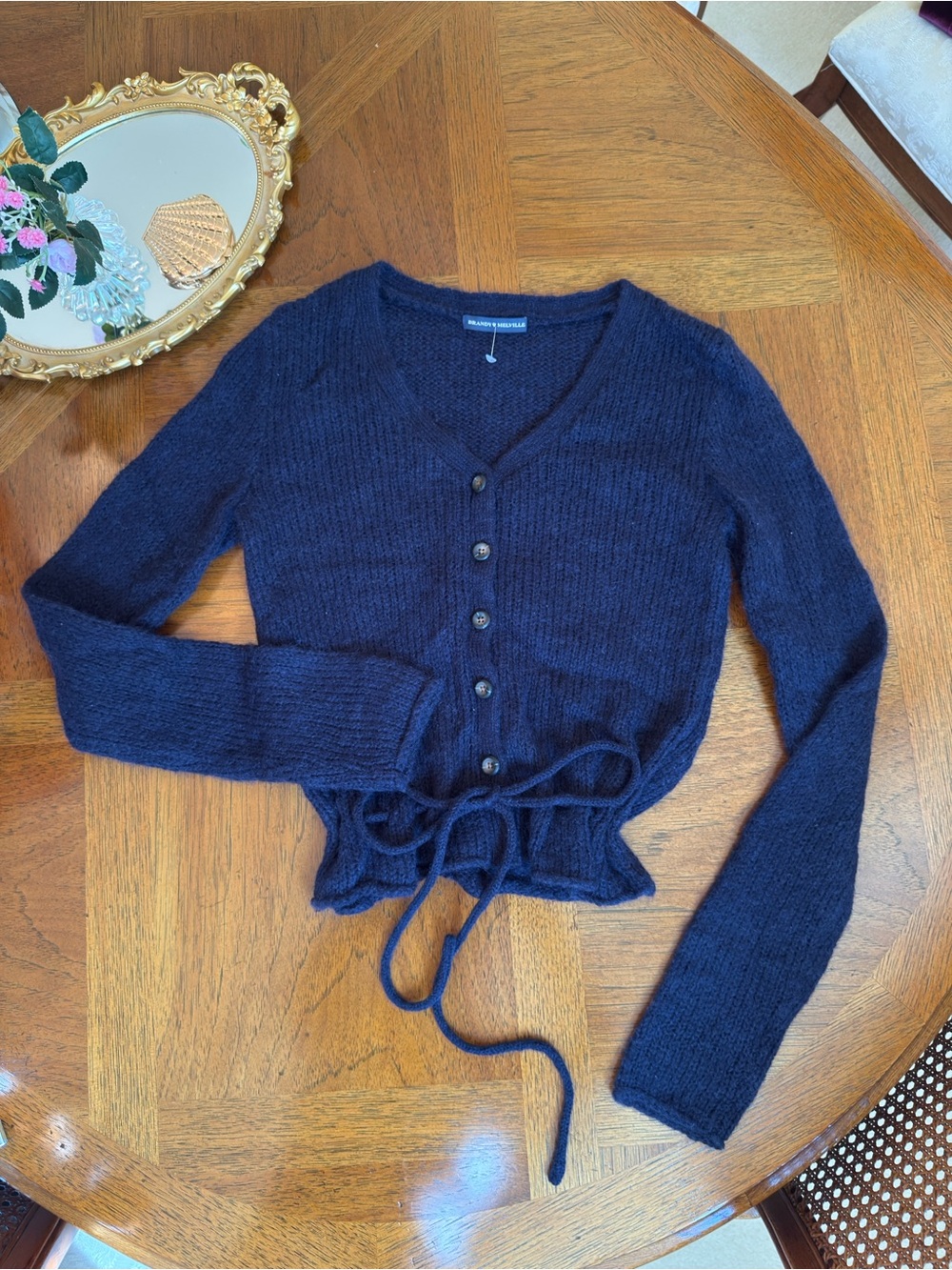 Brandy Melville Navy V-Neck Button Tie-Waist Cardigan